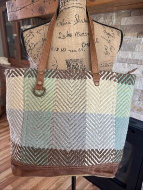 Myra patchwork brown gray tan weave tote bag leather trim zip close canvas back